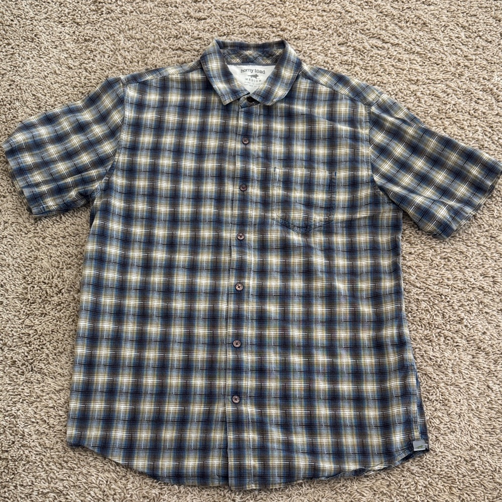 Horny Toad 100% Cotton Short-sleeve Button Navy Plaid Shirt, Mens sz M